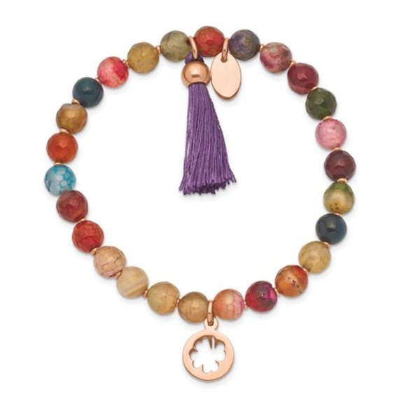 Multi Color Agate Beaded Stretch Bracelet with Tassel and Rose IP Plated Charms - Picture 2 of 3